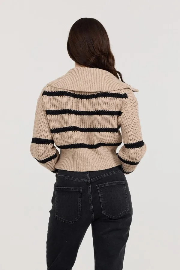 Women Vintage Havana Sweaters Puddle W Black Stripe Double Zip Sweater Puddle