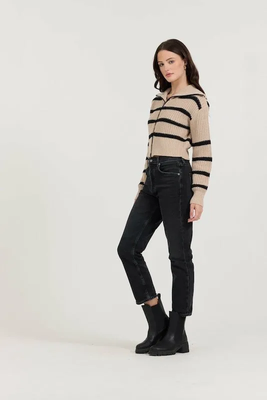 Women Vintage Havana Sweaters Puddle W Black Stripe Double Zip Sweater Puddle