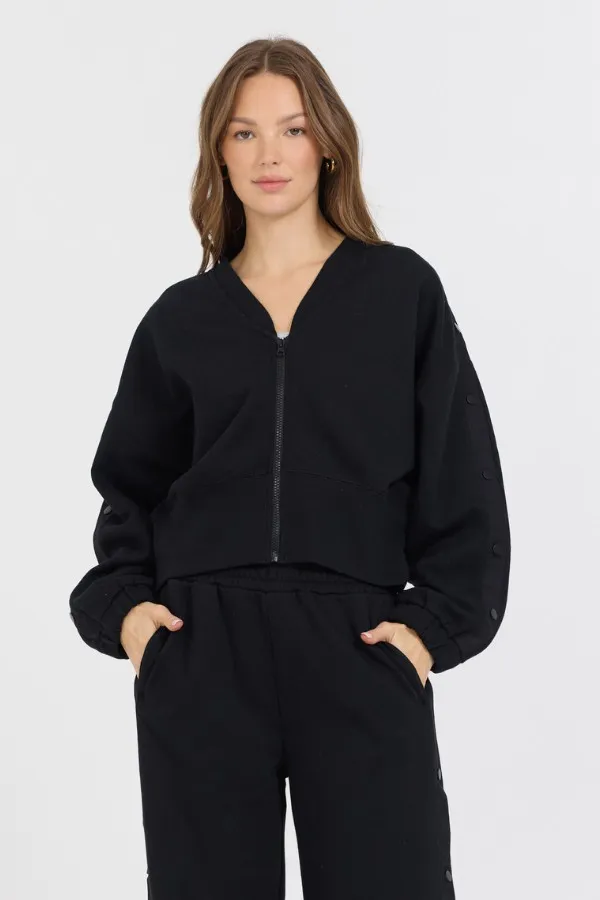 Women Vintage Havana Sweatshirts Black Brushed Fleece Zip Up W Snap Sleeves Black Women Vintage Havana Sweatshirts Black Brushed Fleece Zip Up W Snap Sleeves Black