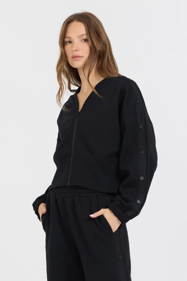 Women Vintage Havana Sweatshirts Black Brushed Fleece Zip Up W Snap Sleeves Black