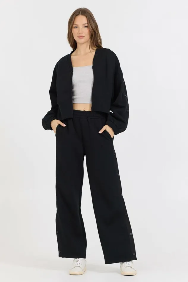 Women Vintage Havana Sweatshirts Black Brushed Fleece Zip Up W Snap Sleeves Black