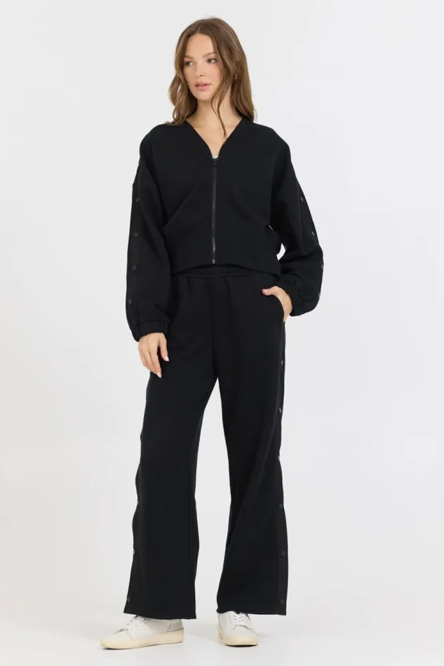 Women Vintage Havana Sweatshirts Black Brushed Fleece Zip Up W Snap Sleeves Black