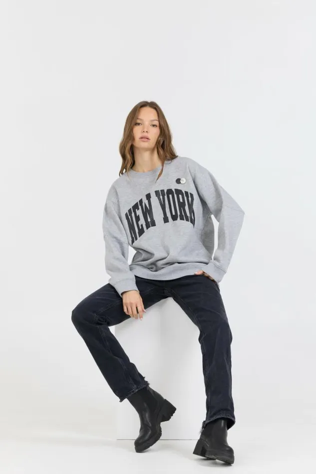 Women Vintage Havana Sweatshirts Heather Grey W Black Garment Dye Fleece Crew W Glitter Print Heather Grey