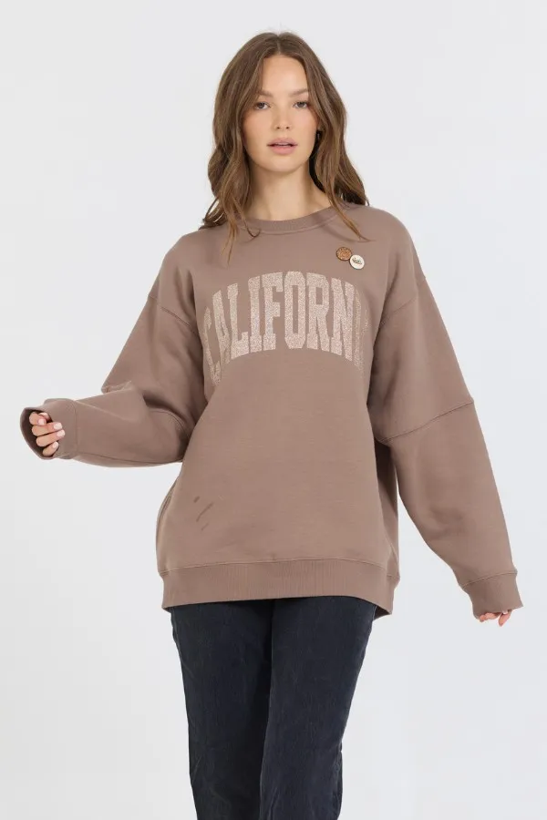 Women Vintage Havana Sweatshirts Taupe W Rose Gold Garment Dye Fleece Crew W Glitter Print Taupe Women Vintage Havana Sweatshirts Taupe W Rose Gold Garment Dye Fleece Crew W Glitter Print Taupe