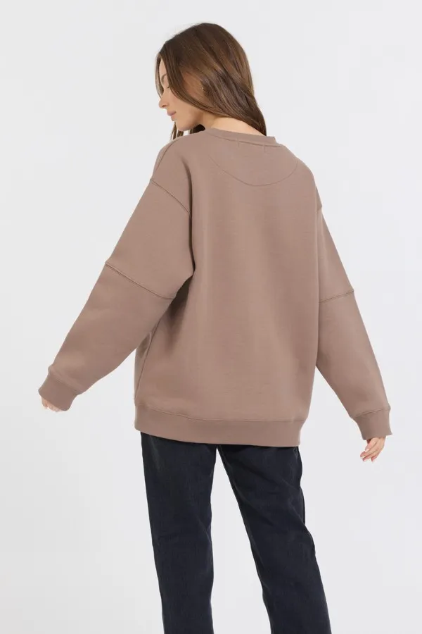 Women Vintage Havana Sweatshirts Taupe W Rose Gold Garment Dye Fleece Crew W Glitter Print Taupe