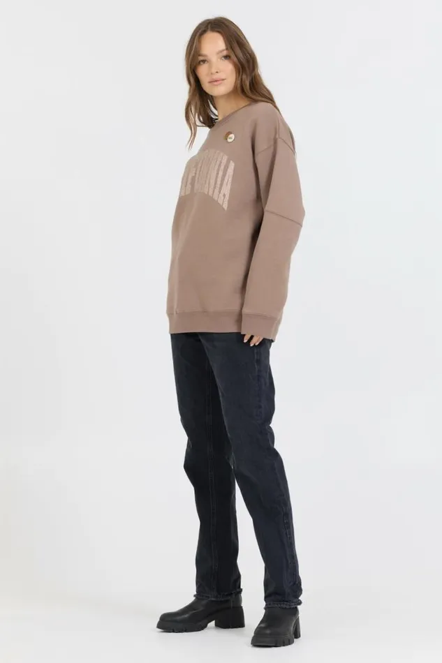 Women Vintage Havana Sweatshirts Taupe W Rose Gold Garment Dye Fleece Crew W Glitter Print Taupe