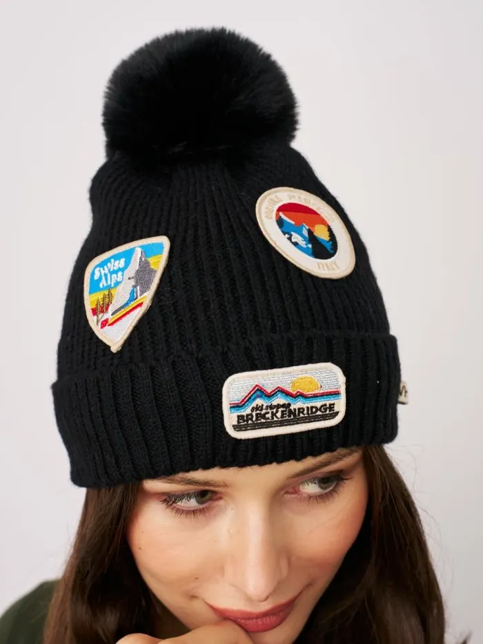 Women Vintage Havana Winter Hats RIBBED POMPOM BEANIE WITH SWISS ALP PATCH 8211 BLACK Black Women Vintage Havana Winter Hats RIBBED POMPOM BEANIE WITH SWISS ALP PATCH 8211 BLACK Black