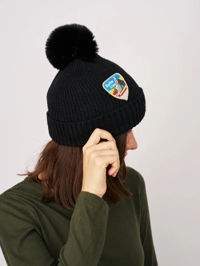 Women Vintage Havana Winter Hats RIBBED POMPOM BEANIE WITH SWISS ALP PATCH 8211 BLACK Black Women Vintage Havana Winter Hats RIBBED POMPOM BEANIE WITH SWISS ALP PATCH 8211 BLACK Black