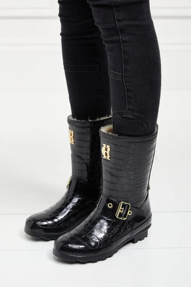 Women Wellington Boots Holland Cooper Sherpa Lined Chelsea Wellington Black Croc