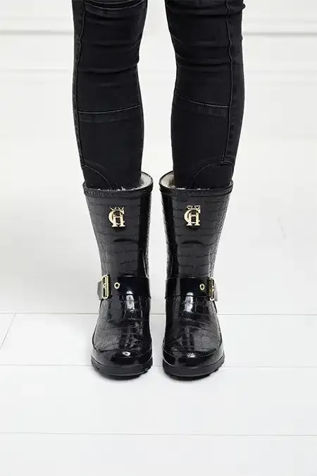 Women Wellington Boots Holland Cooper Sherpa Lined Chelsea Wellington Black Croc