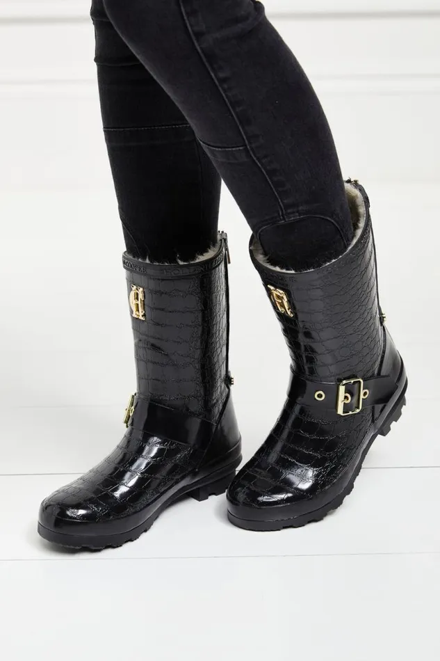 Women Wellington Boots Holland Cooper Sherpa Lined Chelsea Wellington Black Croc