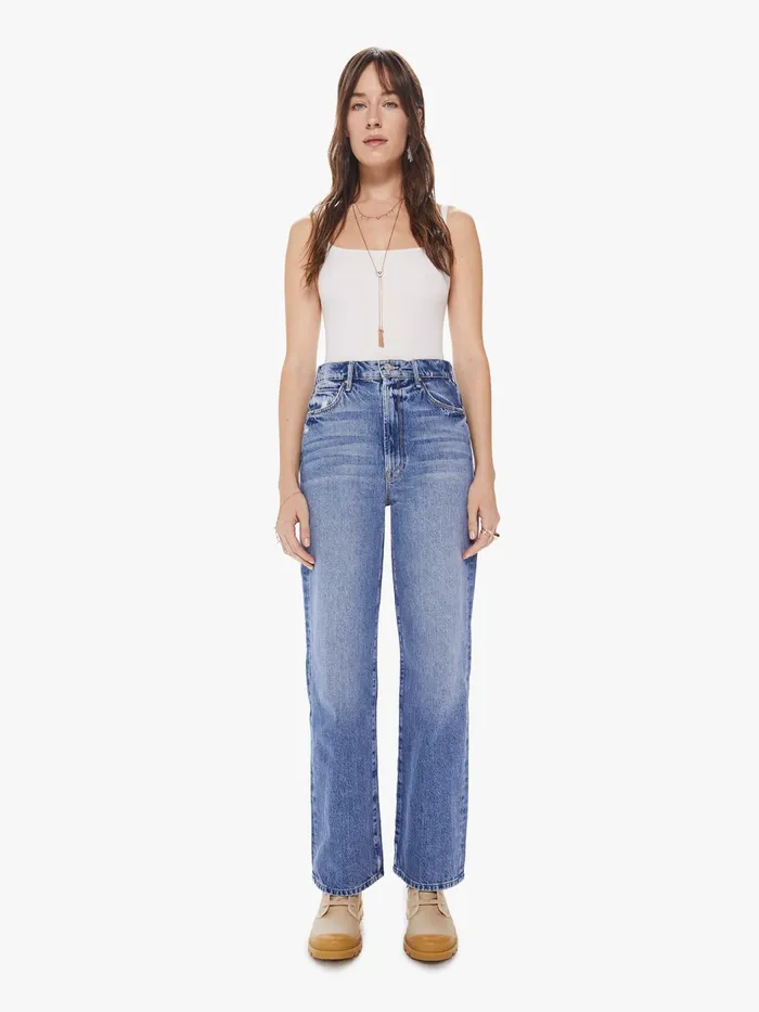 Women Wide Leg Mother Denim High Waisted Tunnel Vision Sneak Medium Blue