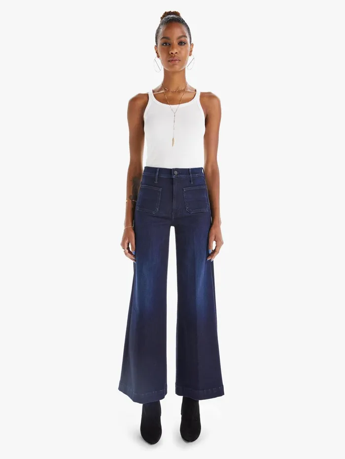Women Wide Leg Mother Denim The Swooner Patch Roller Skimp Dark Blue