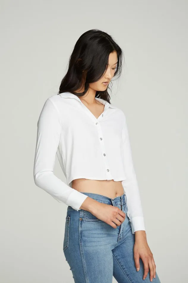 Womens Chaser Brand Tops Cropped Long Sleeve Button Down Shirt