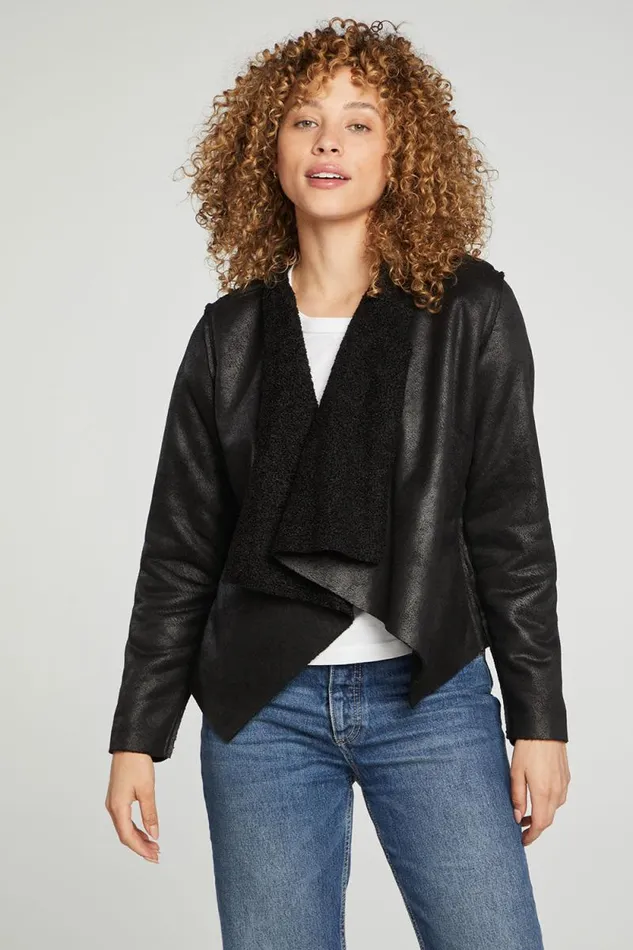 Womens Chaser Brand Tops Faux Suede Shearling Reversible Long Sleeve Waterfall Neck Jacket