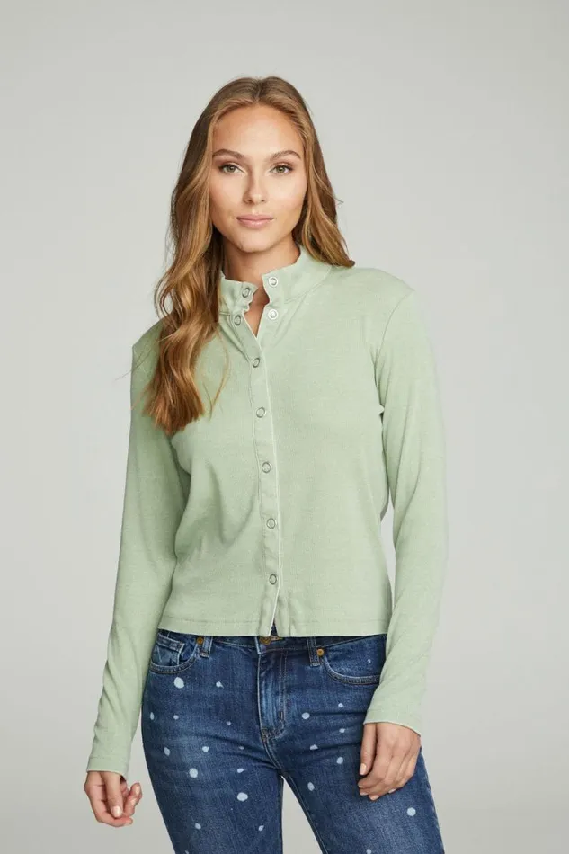 Womens Chaser Brand Tops Long Sleeve Snap Front Mock Neck Tee