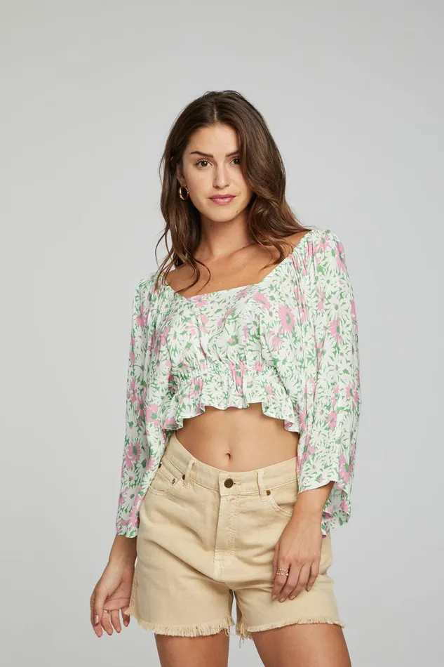 Womens Chaser Brand Tops Monarch Crop Top 8211 Grass Daisy Floral