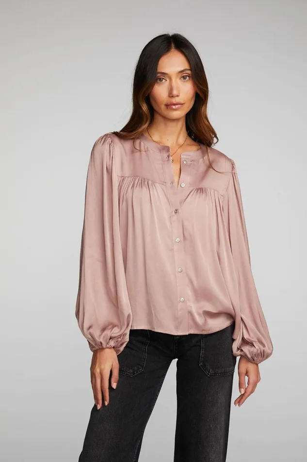 Womens Chaser Brand Tops Stretch Silky Woven Button Down