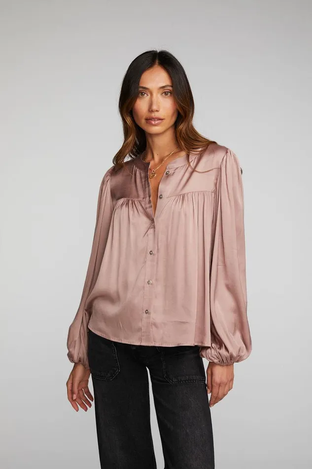 Womens Chaser Brand Tops Stretch Silky Woven Button Down