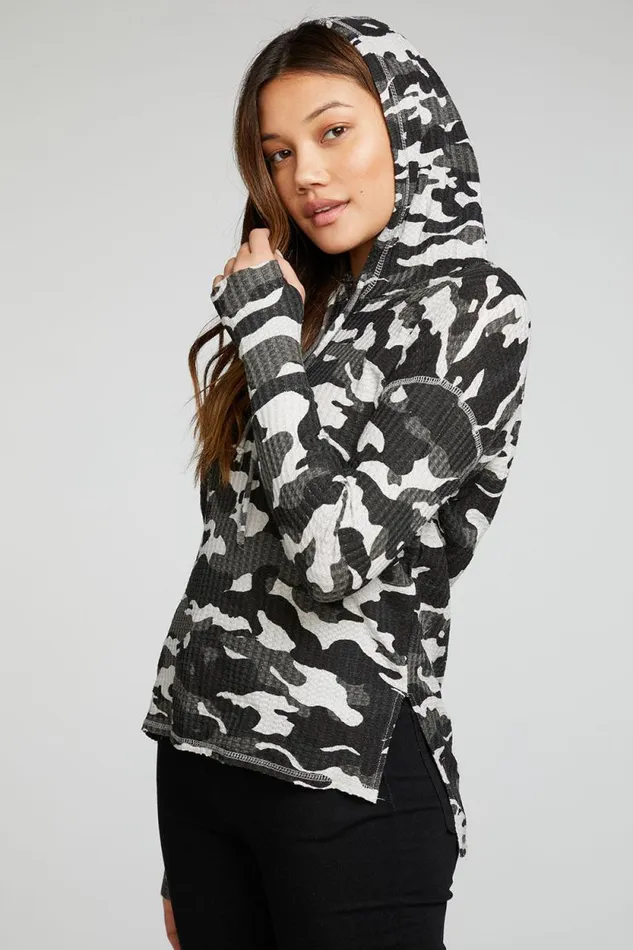 Womens Chaser Brand Tops Vintage Thermal Long Sleeve Drop Shoulder Hi Lo Pullover Hoodie