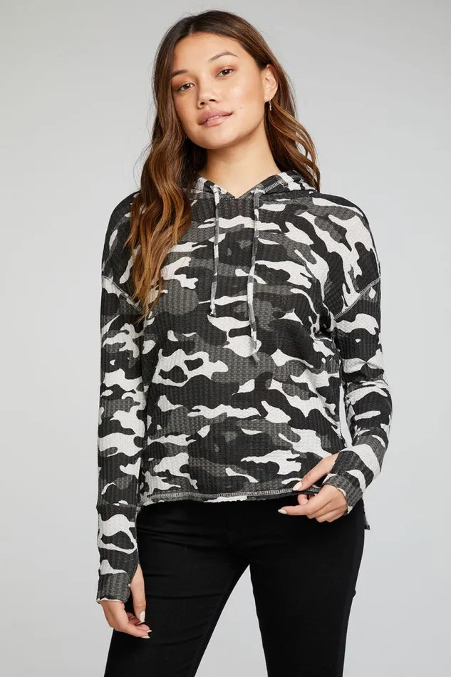Womens Chaser Brand Tops Vintage Thermal Long Sleeve Drop Shoulder Hi Lo Pullover Hoodie