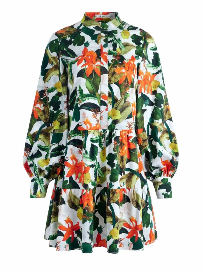 Womens Dresses Alice Olivia Cailin Button Front Blouson Sleeve Mini Dress Tropical Sunrise Off White