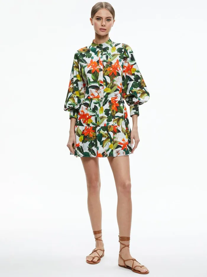 Womens Dresses Alice Olivia Cailin Button Front Blouson Sleeve Mini Dress Tropical Sunrise Off White