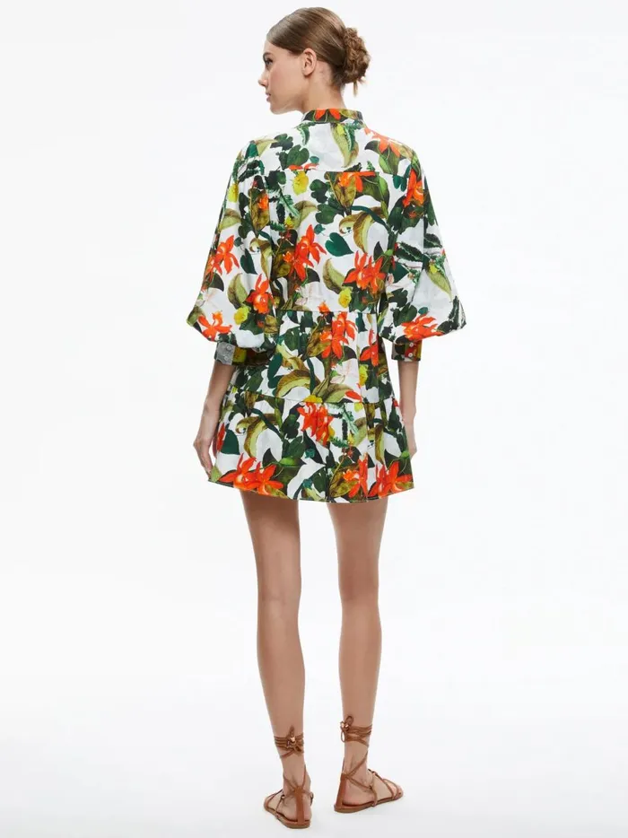 Womens Dresses Alice Olivia Cailin Button Front Blouson Sleeve Mini Dress Tropical Sunrise Off White
