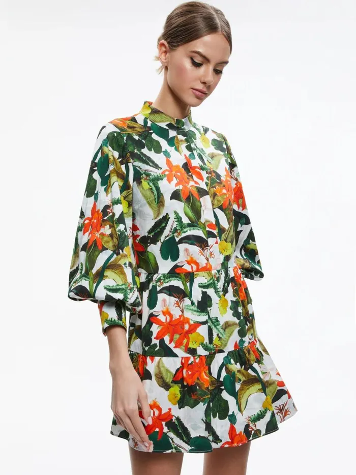 Womens Dresses Alice Olivia Cailin Button Front Blouson Sleeve Mini Dress Tropical Sunrise Off White
