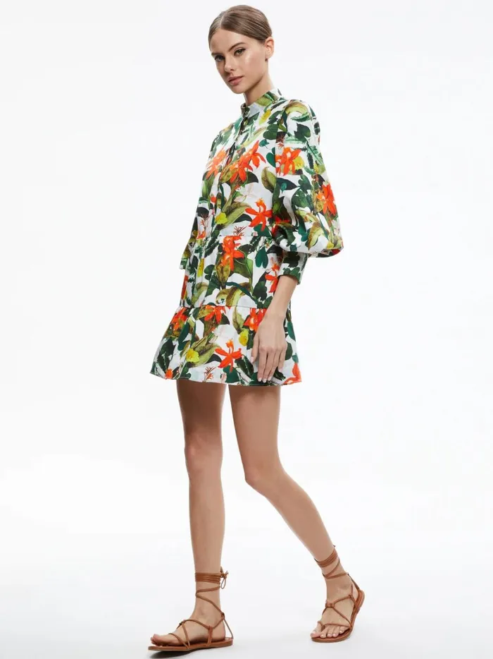 Womens Dresses Alice Olivia Cailin Button Front Blouson Sleeve Mini Dress Tropical Sunrise Off White