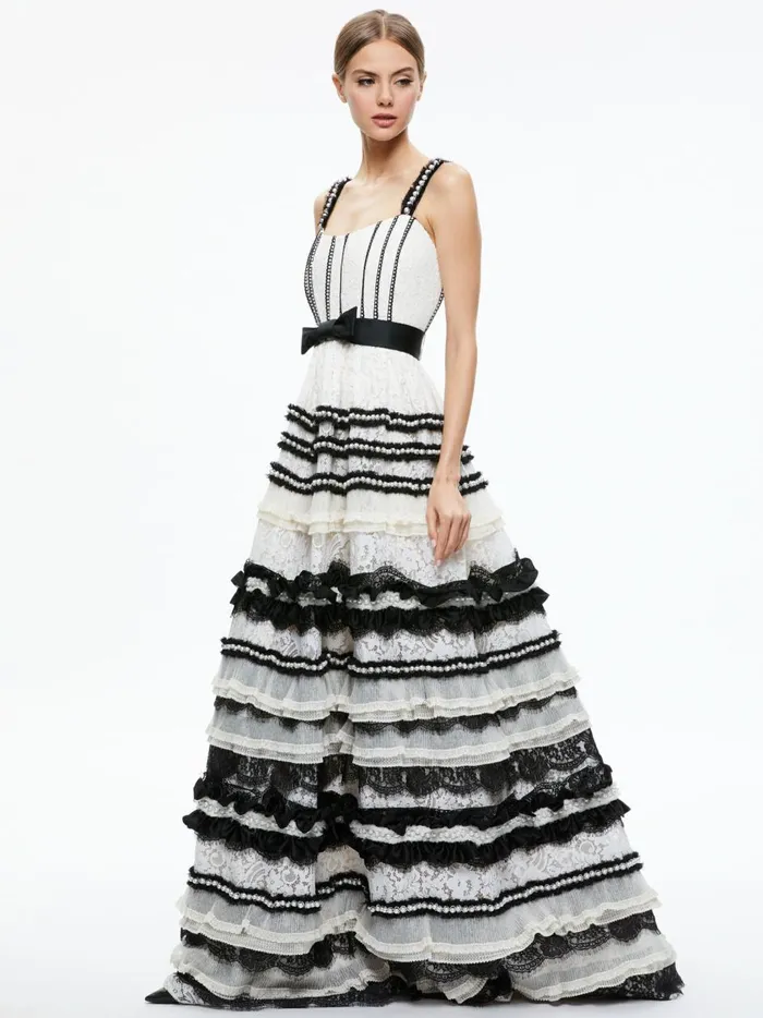 Womens Dresses Alice Olivia Denita Bustier Ruffle Gown Creamblack