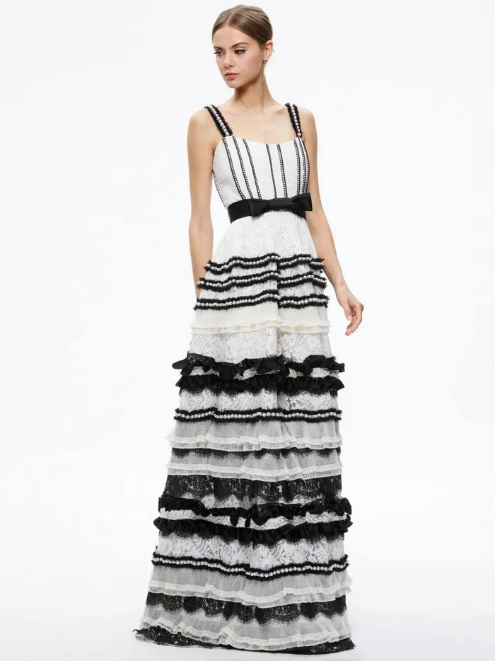 Womens Dresses Alice Olivia Denita Bustier Ruffle Gown Creamblack