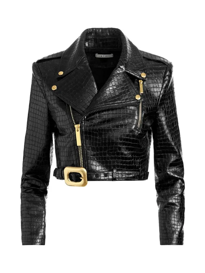 Womens Jackets Coats Alice Olivia Krishna Cropped Moto Vegan Leather Jacket Black
