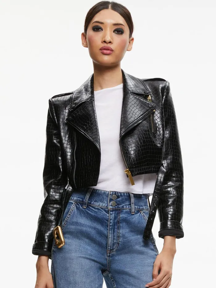 Womens Jackets Coats Alice Olivia Krishna Cropped Moto Vegan Leather Jacket Black