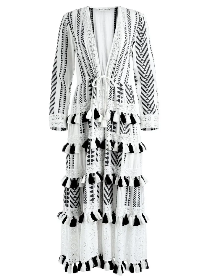 Womens Jackets Coats Alice Olivia Talia Drawstring Tiered Tassel Kimono Ecrublack Womens Jackets Coats Alice Olivia Talia Drawstring Tiered Tassel Kimono Ecrublack