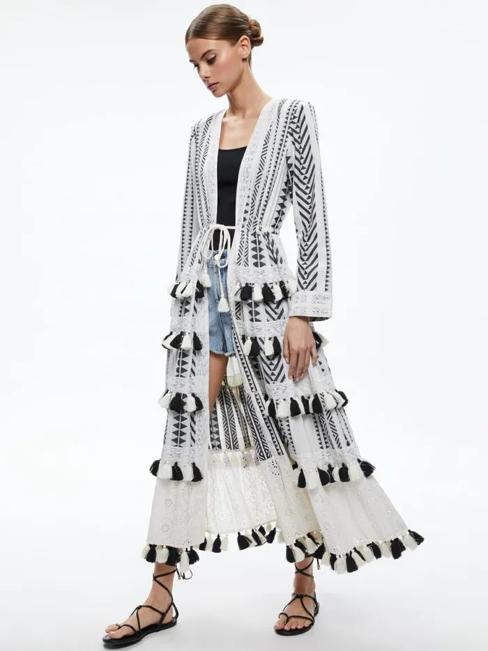 Womens Jackets Coats Alice Olivia Talia Drawstring Tiered Tassel Kimono Ecrublack