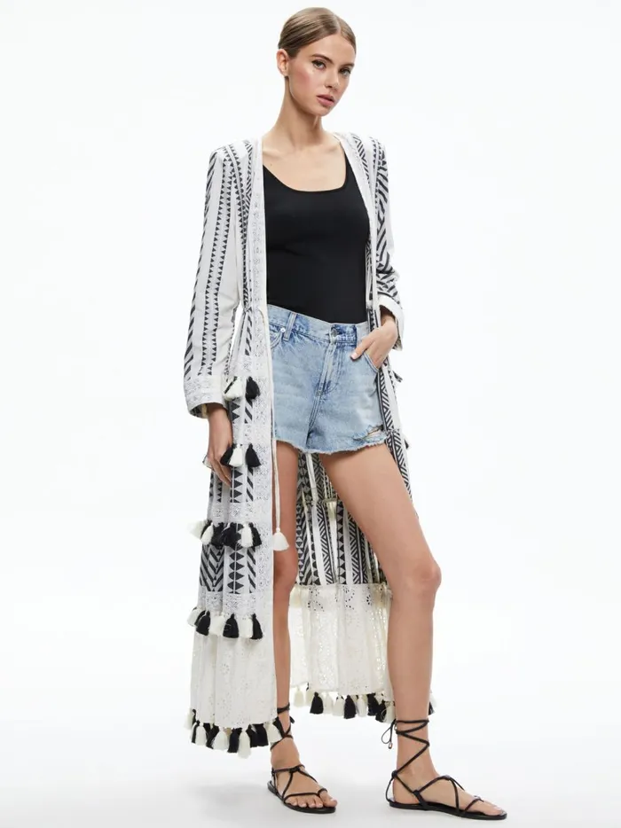 Womens Jackets Coats Alice Olivia Talia Drawstring Tiered Tassel Kimono Ecrublack