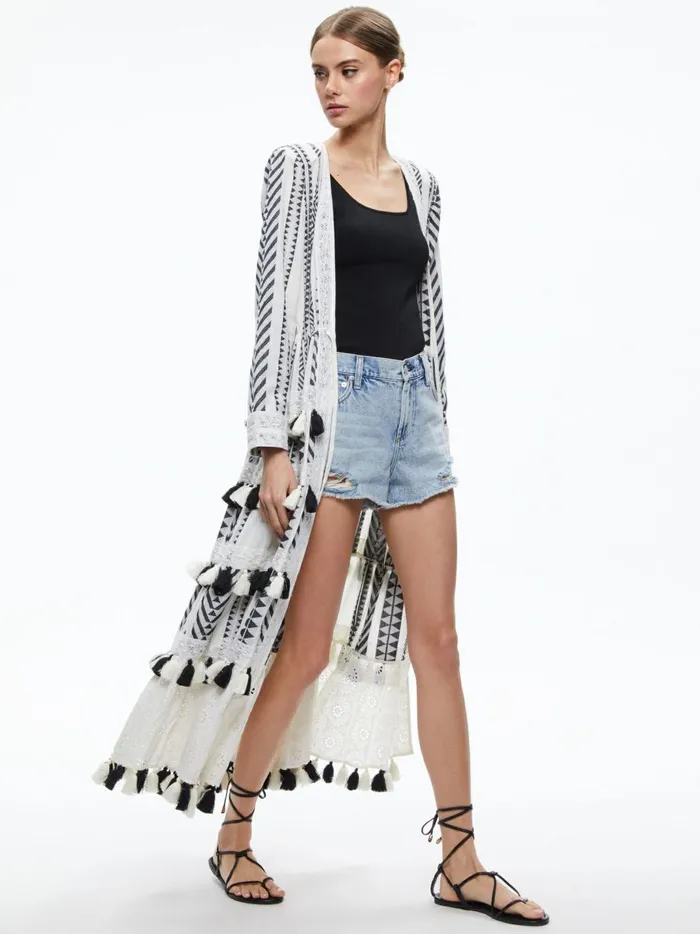 Womens Jackets Coats Alice Olivia Talia Drawstring Tiered Tassel Kimono Ecrublack