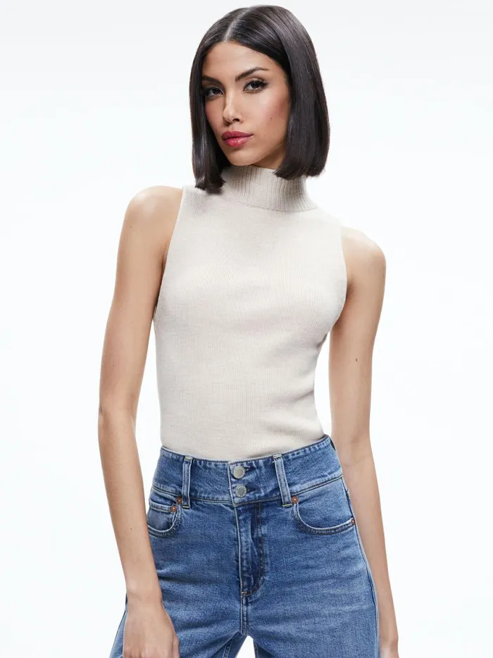 Womens Tops Alice Olivia Darcey Turtleneck Sweater Tank Almond Heather
