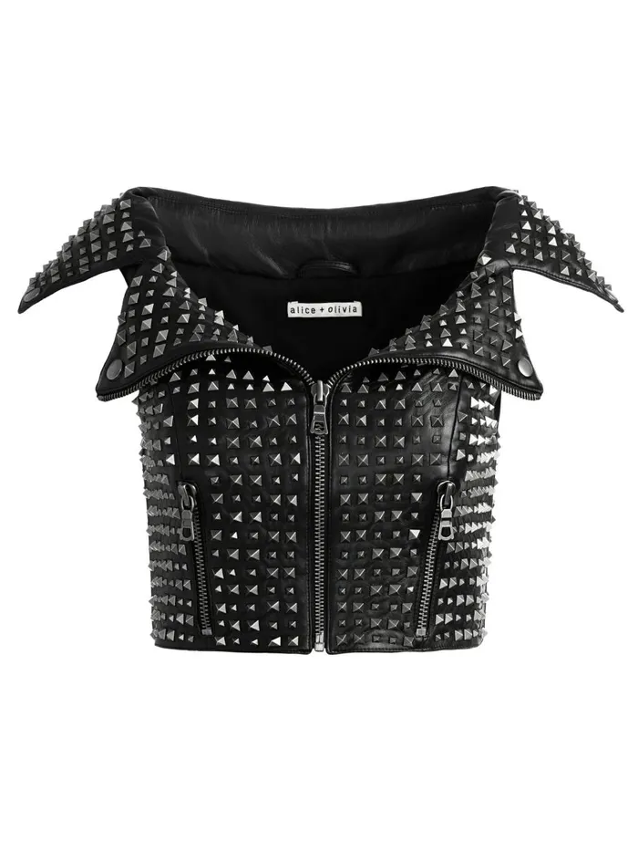 Womens Tops Alice Olivia Digna Studded Moto Top Black