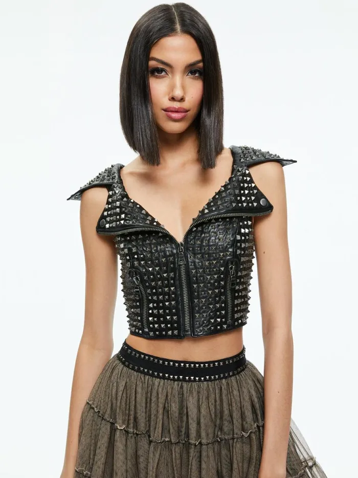 Womens Tops Alice Olivia Digna Studded Moto Top Black