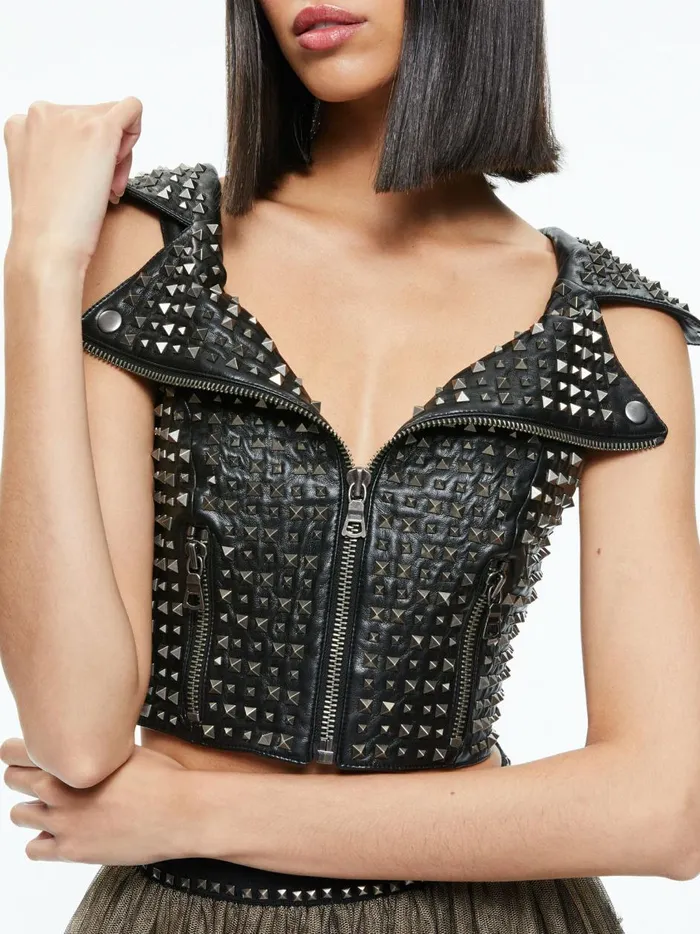 Womens Tops Alice Olivia Digna Studded Moto Top Black