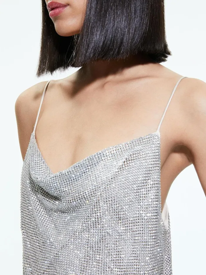 Womens Tops Alice Olivia Harmon Crystal Chainmail Slip Tank Silverchainmail