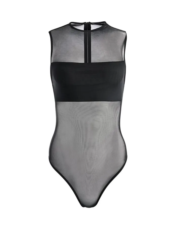 Womens Tops Alice Olivia Nichol High Neck Sleeveless Mesh Bodysuit Black