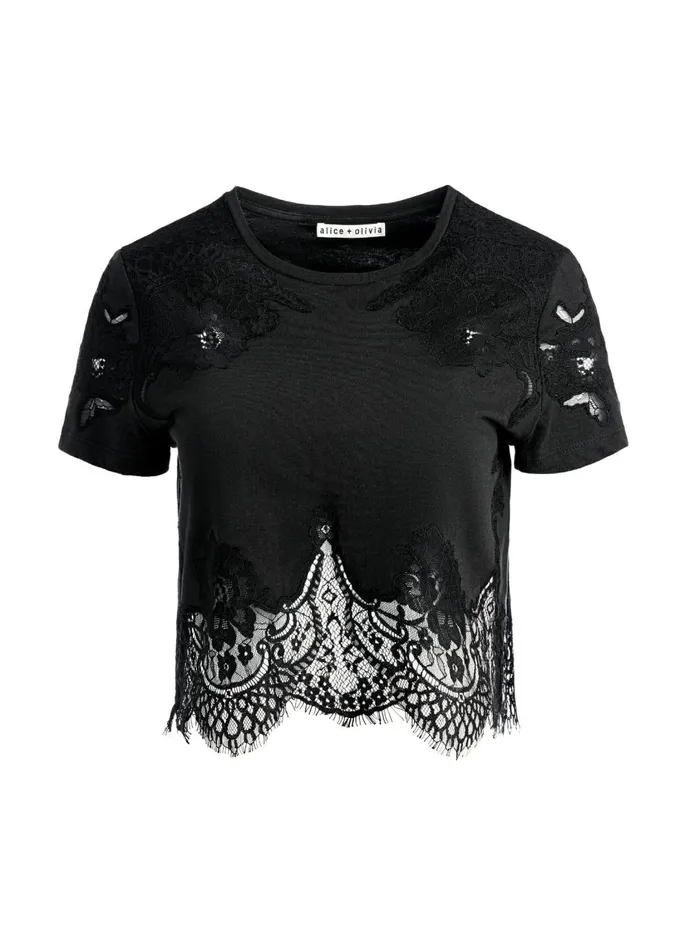 Womens Tops Alice Olivia Stephen Lace Detail Cropped Tee Black