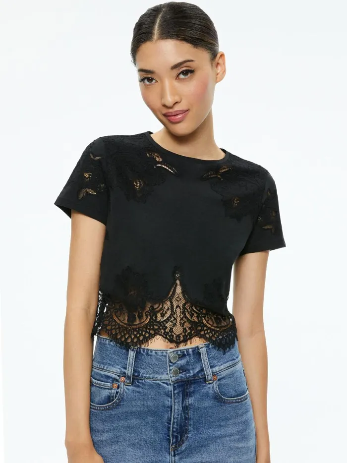 Womens Tops Alice Olivia Stephen Lace Detail Cropped Tee Black