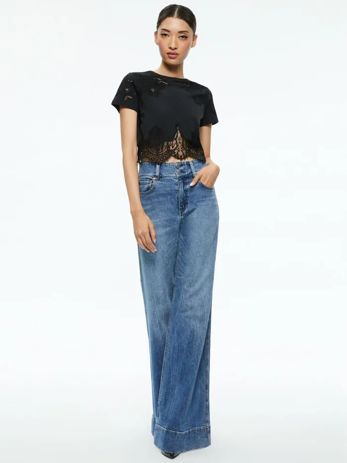 Womens Tops Alice Olivia Stephen Lace Detail Cropped Tee Black