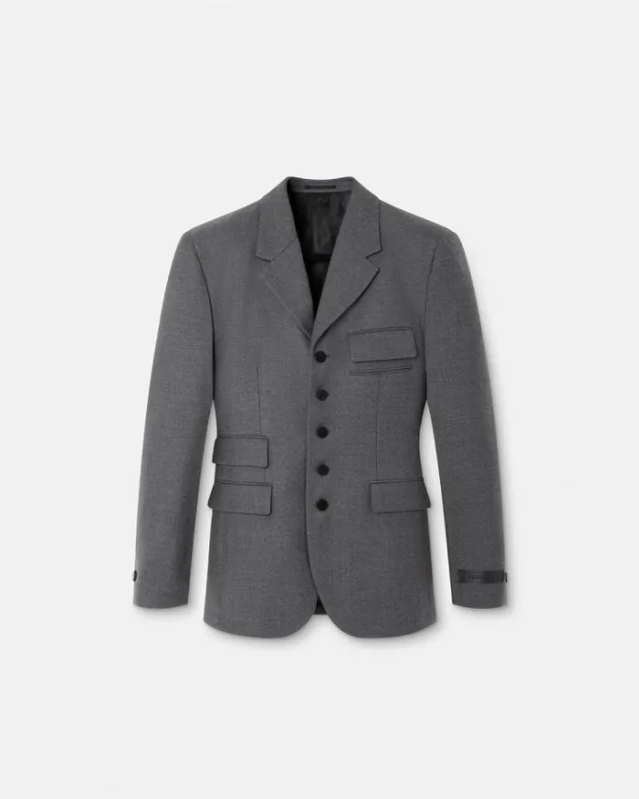 Wool Gabardine FiveButton Blazer Gray Men Versace Blazers and Suits