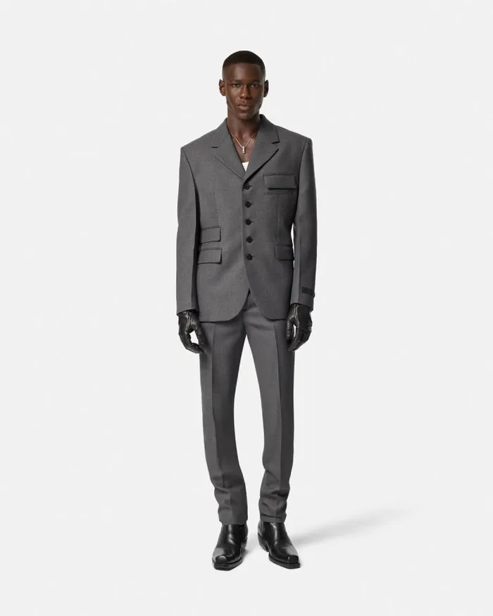 Wool Gabardine FiveButton Blazer Gray Men Versace Blazers and Suits