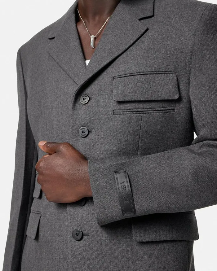 Wool Gabardine FiveButton Blazer Gray Men Versace Blazers and Suits